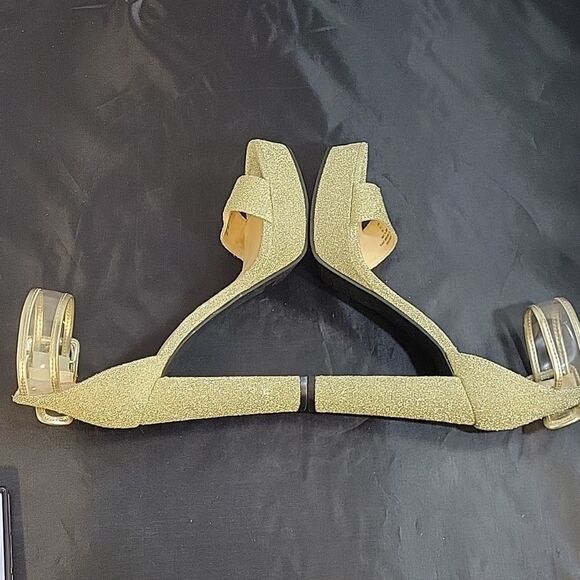 GUESS GOLD SPARKLY BLOCK HEELED ADJUSTABLE BUCKLE ANKLE STRAP OPEN TOE SANDAL - Picture 9 of 13